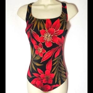 ROBBY LEN SWIMFASHIONS SWIMSUIT POINSETTIA FLORAL PRINT METALLIC ONE PIECE 90'S